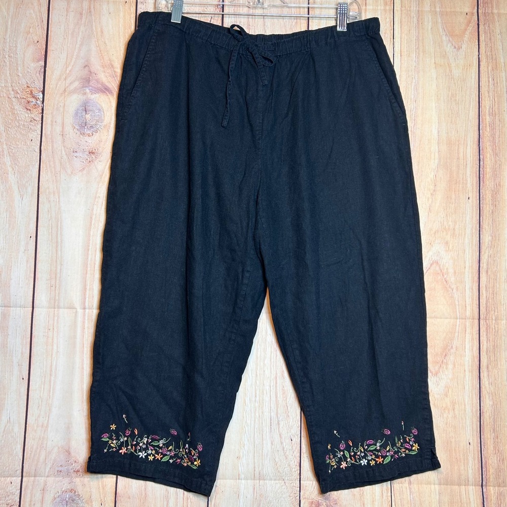 Christopher & Banks Linen Capri Pants Womens XL Black Embroidered Cottagecore